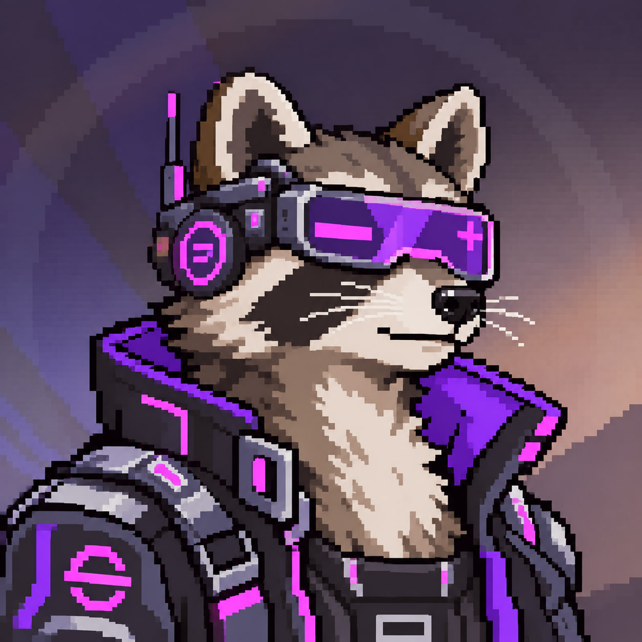 Pixel art Cyber Rax, a rat wearing a purple radio visor and headphones